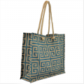 15- BLUE & TAN GREEK KEY JUTE BAG